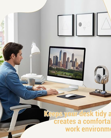 Fiwochic Walnut Wood Headset Holder, Desktop Headphone Stand, Universal Headphone Holder with Storage Base for Gaming, Music Headsets