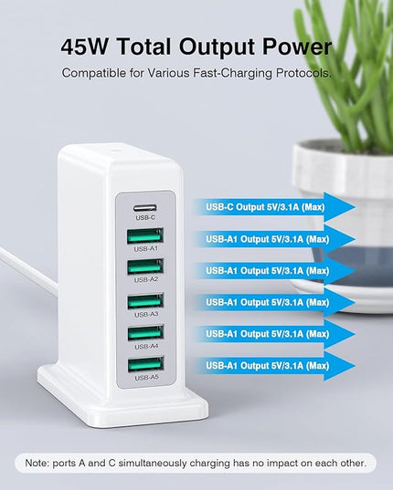 USB Charger Block, 45W 6-Port Charging Station for Multiple Devices, USB A and Type-C Charger Tower Fast Charging Dock Hub Power Strip for iPhone iPad Tablets Android Smartphones, Home Office Use