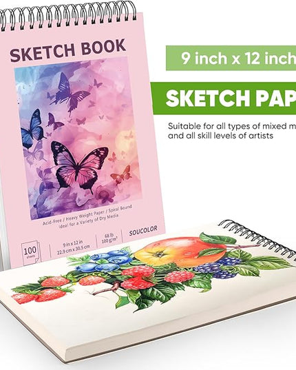 Soucolor 9" x 12" Cute Sketch Book, Aesthetic Cute Preppy Stuff School Supplies, 1-Pack 100 Sheets Spiral Bound Girls Sketchbook, (68lb/100gsm) Acid Free Drawing Book Paper Sketching Pad