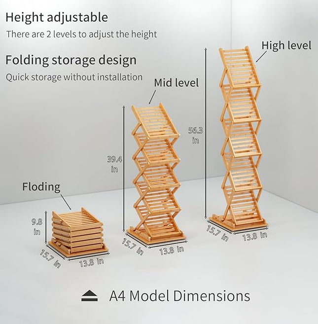 Foldable Bamboo Magazine Rack - Pop-up Display Stand, 5 Pockets Floor Magazine Holder/Rack, Show Rack for Trade Show Display Booth, A4 Size