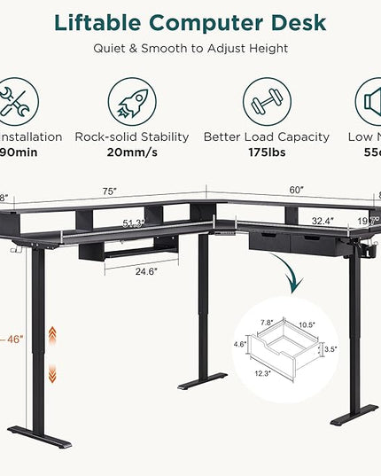 RedLemon 75X60 Inches L Shaped Electric Standing Desk, Height Adjustable Corner Gaming Desk with Drawers, Power Outlets & LED Lights, Computer Desk with Monitor Shelf, Carbon Fiber Black
