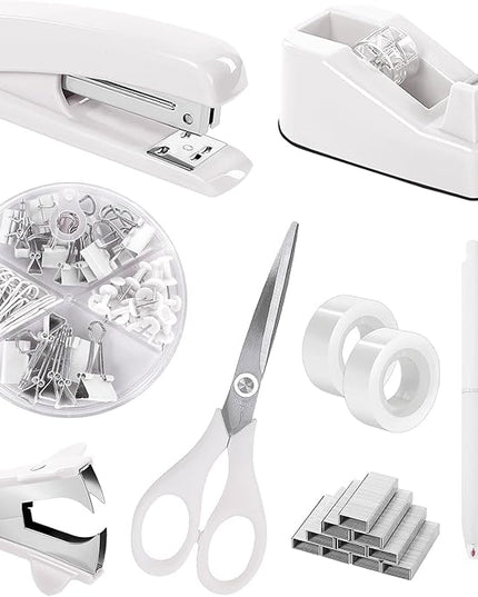 SKYDUE White Office Supplies Set, Desk Accessories, Stapler, Tape Dispenser, Scissors, Binder/Paper Clips and 1000pcs Staples, Office Decor for Women