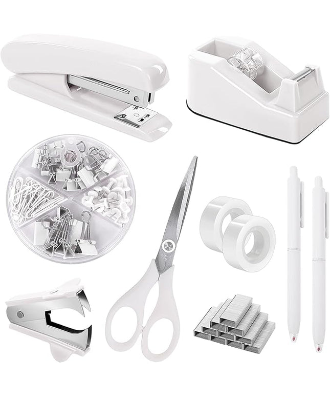 SKYDUE White Office Supplies Set, Desk Accessories, Stapler, Tape Dispenser, Scissors, Binder/Paper Clips and 1000pcs Staples, Office Decor for Women