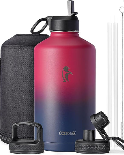 Coolflask 128 oz Gallon Water Bottle Insulated with Straw&3 Lids, Water Jug Large Stainless Steel Metal Vacuum Wide Mouth for Sports, Gym or Office, Non-BPA Keep Cold 48H Hot 24H, Ombre Wine/Navy