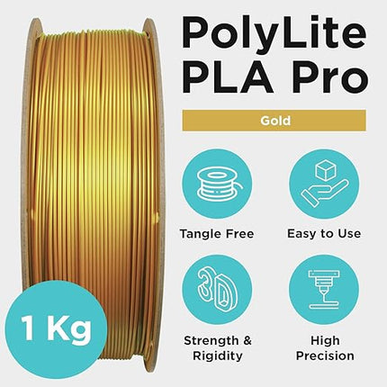 Polymaker PLA PRO Filament 1.75mm 1kg, Tough & High Rigidity Metallic Gold 3D Printing Filament, PolyLite PLA PRO 3D Printer Filament 1.75mm, Print with Most 3D Printers