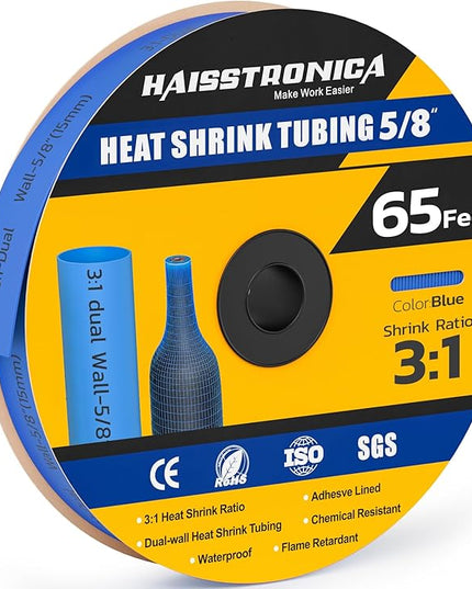 haisstronica 3:1 Heat Shrink Tubing, Shrink Ratio Adhesive Lined Marine Grade Heat Shrink Tube for Home, Automotive and Industrial (Blue) 65FT 5/8inch