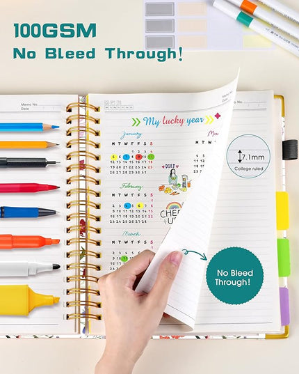 Hardcover Spiral Notebook 8.5"x11" Journal with Removable Dividers Tabs, 300 Pages Leather 5 Subject Notebook College Ruled, Large A4 Notebooks for Work School, Journal for Women, A4 Flower white