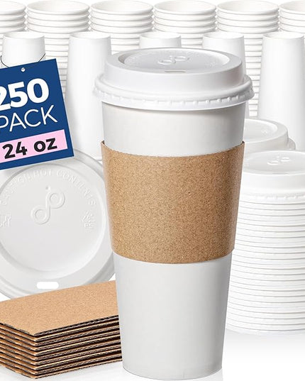 Fit Meal Prep 250 Pack 24 oz Disposable Coffee Cups with Lids, Sleeves, Leak-Proof To Go Coffee Cups with Lids, Durable Hot Paper Cups for Home, Office, Party, Business