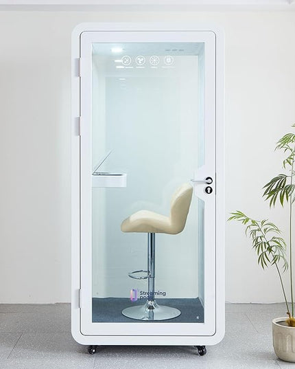 Mobile Office Pod Booth, Solo Soundproof Pod with High-Density Acoustic Panels, Premium Sound Pod with Silent Ventilation, Wheels and Feet, Build-in Table, LED Lighting System, USB Ports (White-Grey)