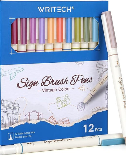 WRITECH Arts Sign Brush Pen Brush Tip Marker Felt Tip Water Based Ink Color Pens 12 Assorted Vintage Colors Great for Lettering Journaling Calligraphy (Vintage)