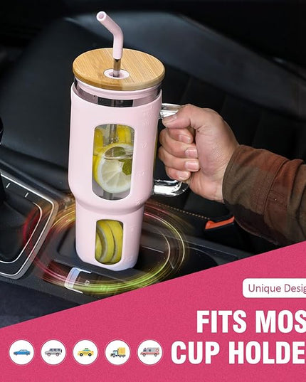 Glass Tumbler with Lid and Straw, 46 oz Iced Coffee Cup with Handle, Large Water Bottles with Silicone Sleeve, Glass Cup with Straws - Pearl Straw & Drinking Straw BPA Free-CottonPink