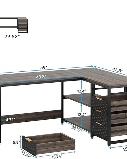 Tribesigns L Shaped Computer Desk with Storage Drawers, 59 inch Corner Desk with Shelves, Reversible L-Shaped Office Desk Writing Table Workstation for Home Office, Grey