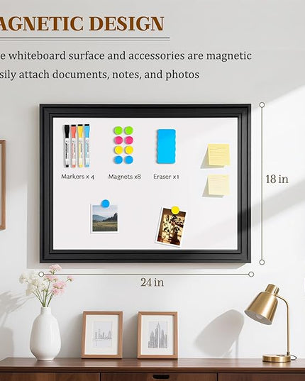 White Board for Wall, 24'' x 18'' Magnetic Dry Erase Board, Decorative Black Vintage Wooden Frame Whiteboard for Home Office School Dorm Kitchen