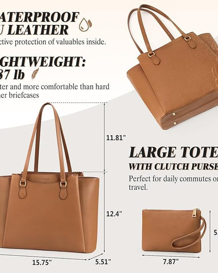 RAINSMORE Laptop Bag for Women 15.6 Inch Work Tote Bags Waterproof Computer Bags Leather Professional Laptop Purse Womens Laptop Briefcase Large Handbag for Office Teacher Travel, Brown