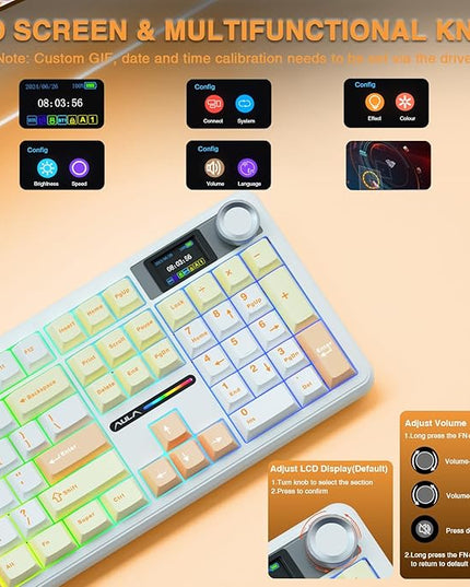 AULA F108 PRO - Wireless Mechanical Keyboard with Screen&Knob,Hot Swappable Gaming Keyboard with 8000mAh Battery,Pre-lubed Switches,RGB Backlit,PBT Keycaps Creamy Sounding Computer Keyboards,104 Keys