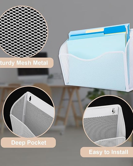 EASEPRES 3 Single Pocket Mesh Hanging File Organizer, Vertical Wall Mounted Magazine File Holder, Mount Basket Mail Paper Document Folder Organizing for Office, Home and School, White