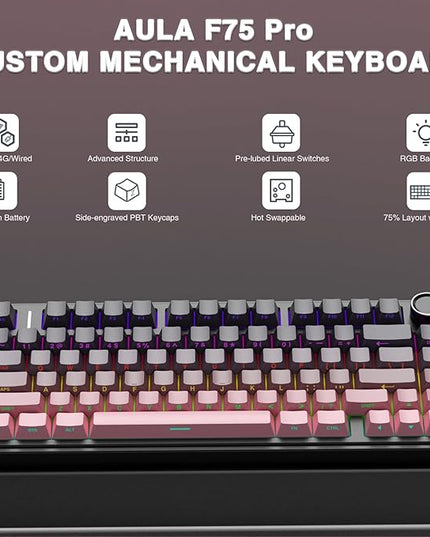 AULA F75 Pro Wireless Mechanical Keyboard,75% Hot Swappable Custom Keyboard,RGB Backlit,Pre-lubed Reaper Switches,Side Printed PBT Keycaps Mechanical Gaming Keyboards, Pink&Black