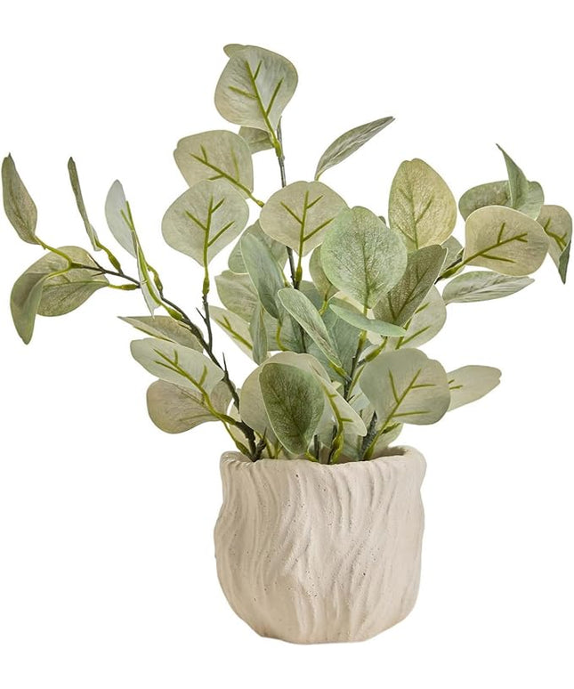 AlphaAcc 12.6" Artificial Plant Eucalyptus in White Embossed Ceramic Pot Lifelike Faux Plants Decorative Fake Greenery for Home Kitchen Bathroom Bedroom Office Desk Bookshelf Indoor Tabletop Decor