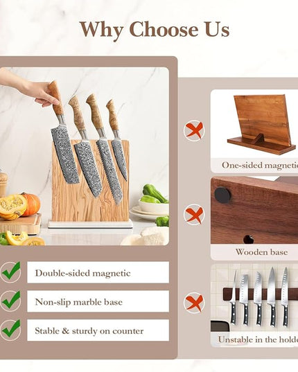 HEZHEN Double-sided Magnetic Knife Holder without Knives, Olive Wood Knife Block for Kitchen Counter, Space-saving Knife Storage, Strong Enhanced Magnets Strip, Non-slip Marble Base