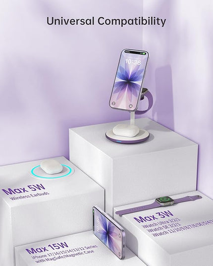 XooFly 3 in 1 Wireless Charging Station for Apple Devices, Fast Wireless Mag-Safe Charger Stand with 20W Adapter for iPhone 17/16 15 14 13 12 Pro Max/Pro/Plus/Air/Mini, iWatch, AirPods (Lavender)