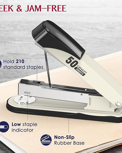 Metal Stapler Heavy Duty 50 Sheet Capacity with 1750 Staples and Staple Remover, Full Strip Staplers for Desk, No Jam, Non-Slip for Office & Classroom, White