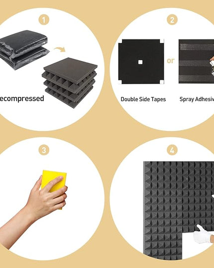 36 Pack AUSLET Acoustic Panels 12 x 12 x 2 Inches, Pyramid Sound Proof Foam Panels for Wall, High Density Black Acoustic Foam Panels,Soundproof Wall Panels