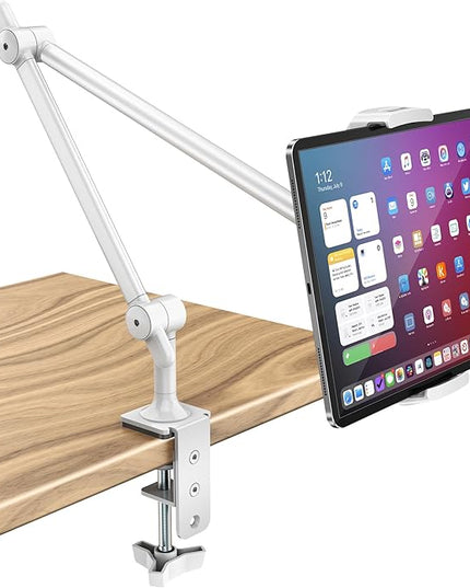 AboveTEK Tablet Stand Holder for Desk & Bed, Aluminum iPad Holder Arm with 360° Rotating Clamp, Adjustable Phone Stand Compatible with 4.7"-13.5" iPad Pro/Air/Mini, iPhone, Galaxy Tab- White