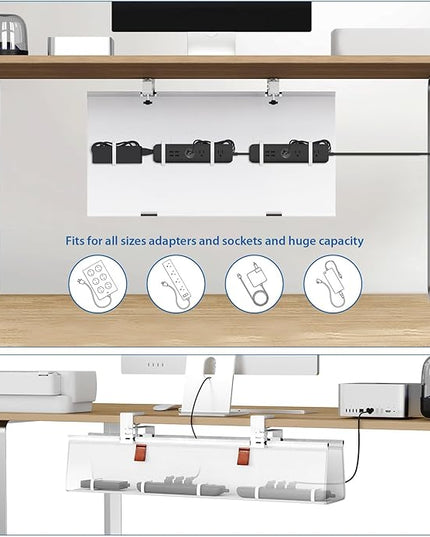 Zilink Under Desk Cable Management 30" No Drill Desk Cable Management Tray Clamp/Screw Mount Cable Tray Sturdy Waterproof Fabric Cord Organizer for Office, Home, White