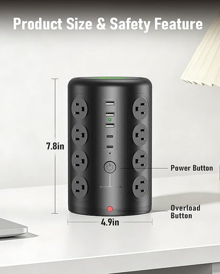 Power Strip Tower Surge Protector, TenTrend 16 Outlets and 5 USB Ports (2 USB-C), 2000 Joules Charging Station, 6FT Flat Plug Extension Cord for Home Office Dorm Room Essentials, Black
