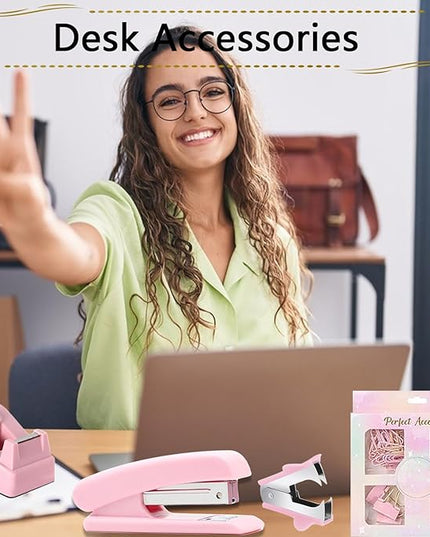 Office Supplies Set,Desk Accessories,Stapler and Tape Dispenser Set,1000 Staples,Staple Remover,Hinder Clips,Ruler,Scissor,Clear Tape,Ballpoint Pen,Sticky Notes,Gifts for Colleagues(Pink)