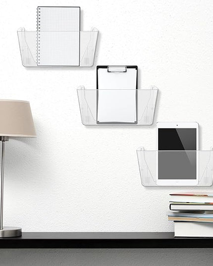 Tenceur 12 Pcs Plastic Single Pocket Wall Mount File Holder with Double Sided Adhesive Tape and Screws Wall File Hanging Folder Letter Paper Mail Organizer for Office Home Classroom (Clear)