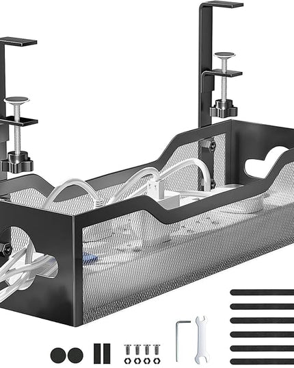 Under Desk Cable Management Tray No Drill, Metal Mesh Cable Management Under Desk with Clamp Mount, 2 Hole Cable Tray with Wire Management and Cord Organizer for Home Office Standing Desk