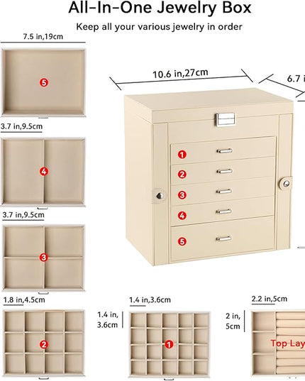 Frebeauty Large Jewelry Box,6-Tier PU Leather Jewelry Organizer,Multi-functional Storage Case with Mirror,Accessories Holder with 5 Drawers for Necklace Bracelets Watches(Beige)