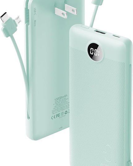 VRURC Portable Charger Built-in Cables and AC Wall Plug, USB C Power Bank 10000mAh, Travel Battery Portable Phone Charger Compact Lightweight External Battery Pack for Smart Phones, Tablets etc-Green