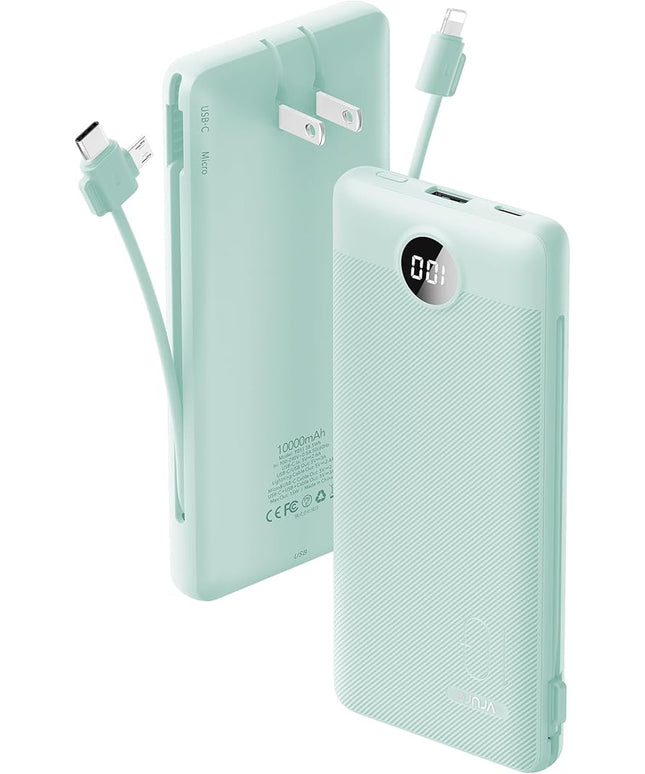 VRURC Portable Charger Built-in Cables and AC Wall Plug, USB C Power Bank 10000mAh, Travel Battery Portable Phone Charger Compact Lightweight External Battery Pack for Smart Phones, Tablets etc-Green