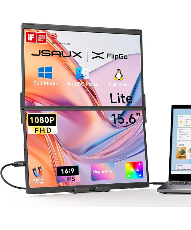 JSAUX FlipGo Lite 15.6" Portable Dual Stacked Monitor, 1080P FHD IPS Laptop Screen Extender One Cable for Triple Monitor Setup (For Windows&Linux) with Magnetic Design, Built-in Hub,No Driver Required