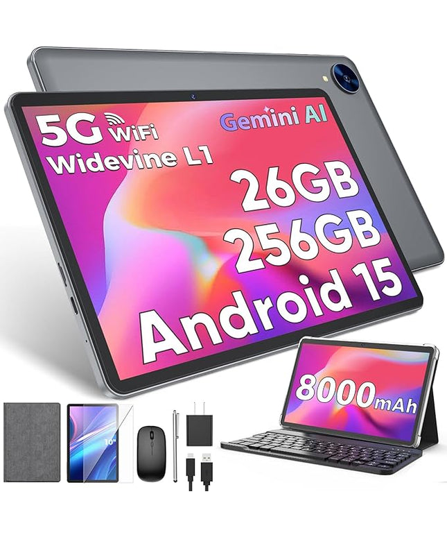 2026 Android 15 Tablet with Keyboard, 26GB RAM, 256GB ROM(2TB Expand), 10 inch tablet with Octa-core, Gemini AI, 8000mAh, 2.4G/5G WiFi, BT 5.0, 5MP+13MP, Tablets with Case, Mouse, Stylus (Silver Case)