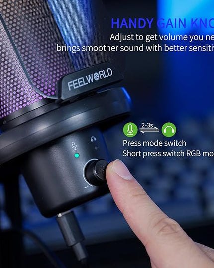 FEELWORLD VM1 Gaming PC USB Microphone Condenser Mic with Noise Cancellation Mute RGB Light, Computer Accessories Gifts for Gamer YouTube Twitch Podcast Streaming Recording Online Chat PS4 PS5