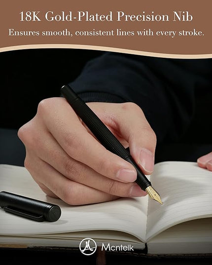 MCNTEIK Matte Black Fountain Pen, Exquisite Vertical Grooving Design, Ink Converter, 18K Gilded Nib (Extra Fine), Fancy Gift Set for Men & Women, Office, Smooth Writing Calligraphy Pens