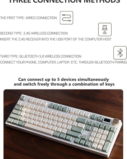 NJ98 Wireless Custom Mechanical Keyboard with Screen Knob 96% Hot Swappable RGB Keyboard Mac Windows (White, Steel Plate-Mix5 Linear)