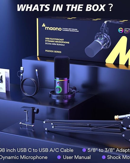 MAONO XLR/USB Dynamic Microphone Kit, RGB Podcast Mic with Software, Mute, Gain Knob, Volume Control, Boom Arm for Streaming, Gaming, Voice-Over, Recording-PD200XS Black