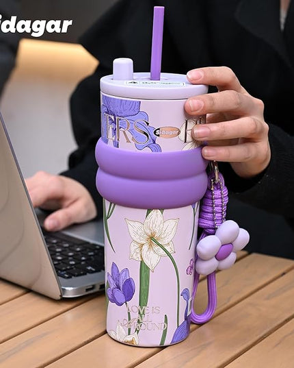 24 oz Stainless Steel Tumbler with Lid and Straw, Insulated Coffee Mug, Leak Proof, Portable Iced Travel Water Bottle, Reusable Thermal Coffee Cup, Floral Purple