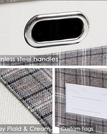 PRANDOM Collapsible Storage Bin with Lid [3-Pack] Fabric Foldable Storage Box Organizer Container Basket Cube with Cover for Home Bedroom Closet Office Nursery Gray plaid & Cream(14.9x9.8x9.8)