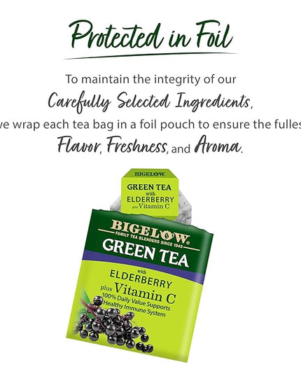 Bigelow Tea Green Tea with Elderberry Plus Vitamin C, Caffeinated Tea with Elderberry, 18 Count Box (Pack of 6), 108 Total Tea Bags