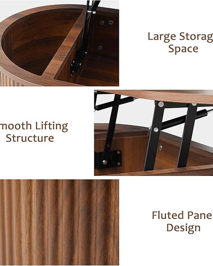 QHITTY Fluted Coffee Table with Lifting Top, Oval Wood Lift Top Coffee Table with Hidden Compartment, Mid Century Pull up Center Tables for Living Room, Office - Walnut