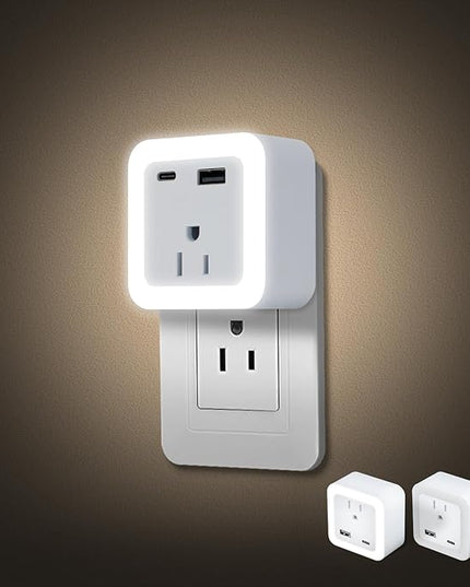 JackonLux Night Lights Plug Into Wall 2 Pack Rechargeable Battery Backup Light Dusk to Dawn Sensor Night Light with Outlet Expander for Adults Kids Bedroom, Kitchen, and Bathroom (Daylight - 5000K)