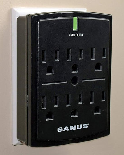 SANUS On-Wall Low Profile 1080J Fireproof Surge Protector with 6 AC Outlets & 3 Lines of Protection - Includes Power Signal Filtering Black