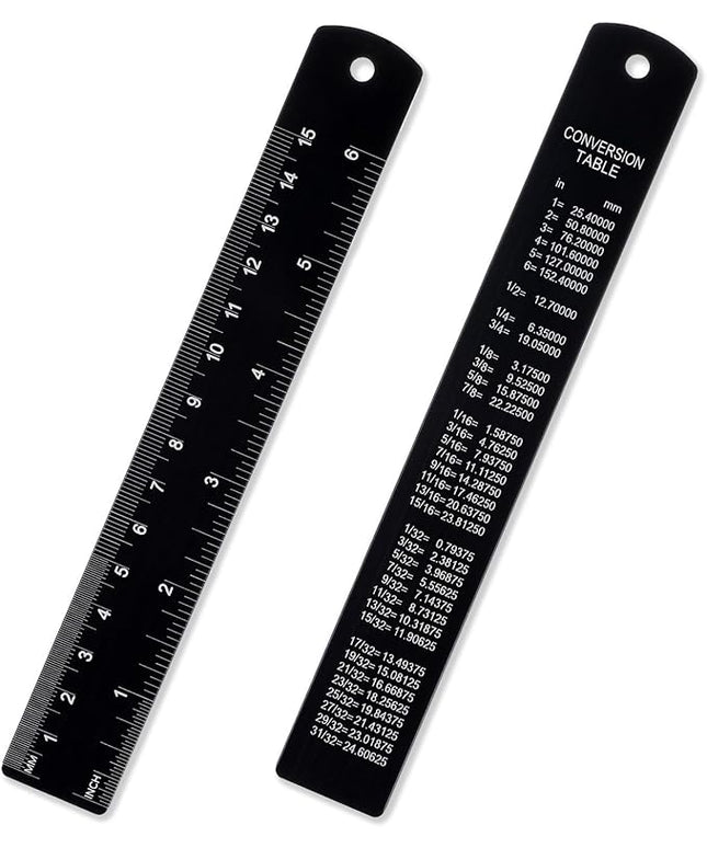 2Pcs Metal Ruler with Centimeters, 6Inch Stainless Steel Ruler Set, Millimeters, Inches and Metric Conversion Chart, Great for School, Offices, Mechanics and Draftsmen