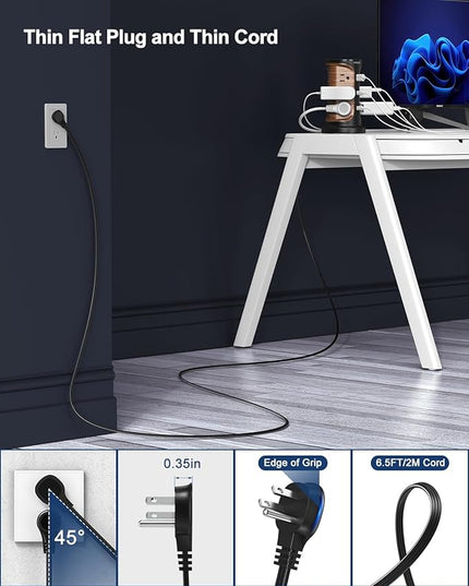 Flat Plug Surge Protector Power Strip Tower with 12 Outlets 3 USB(2 Type C), 6.5 FT Ultra Flat Extension Cord with Multiple Outlets, Charging Station with Screw Wall Mount for Home Office Dorm