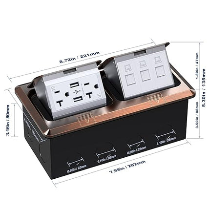 KYHSHJ Dual Pop-Up Floor Electrical Outlet Box Kit，20 Amp Stainless Steel USB TR Receptacle Outlet，3-Port RJ45 Datacom Receptacle， ETL Listed, Bronze